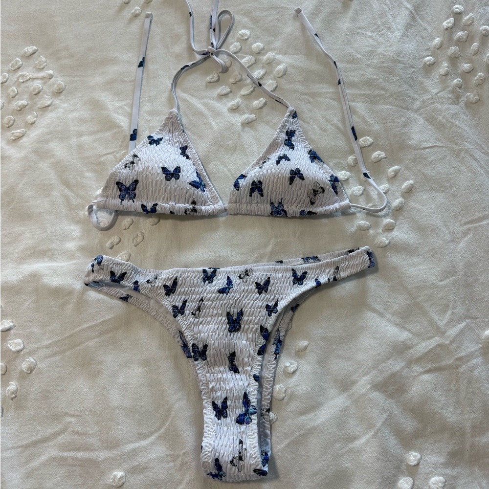 SHEIN White Smocked Bikini with Blue Butterfly Print